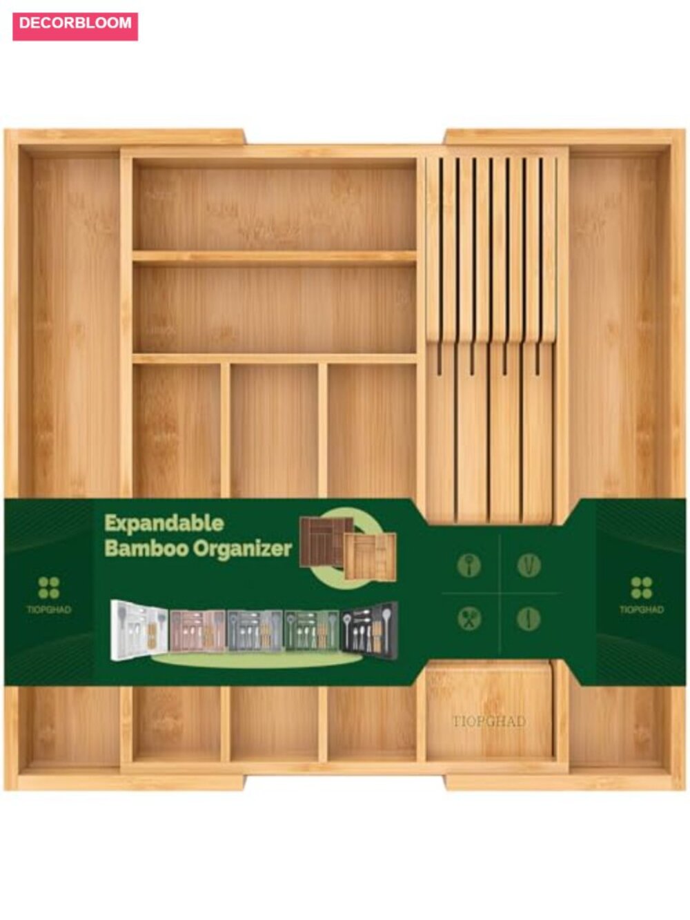 Expandable Bamboo Silverware Drawer Organizer Tray with Knife Rack